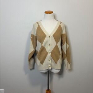 Lucy Paris Argyle Cardigan Sweater Tan Cream Button Front XS